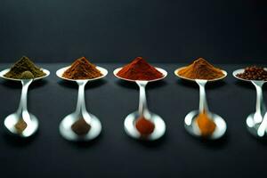 spoons with different spices in them. AI-Generated photo