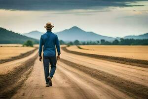 hombre caminando en un suciedad la carretera en el medio de en ningún lugar. generado por ai foto