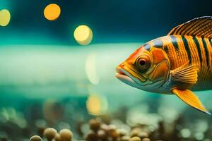 a fish with orange stripes swimming in an aquarium. AI-Generated photo