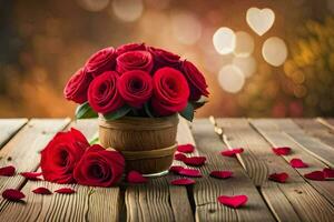 red roses in a wooden vase on a wooden table with hearts. AI-Generated photo