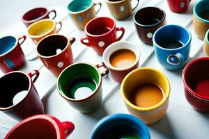 many colorful cups are arranged on a table. AI-Generated photo