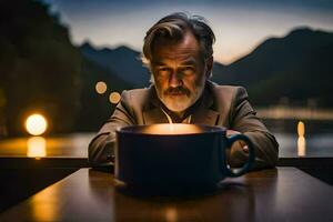 un hombre sentado a un mesa con un taza de café. generado por ai foto