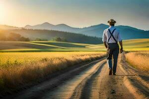 un hombre en un sombrero y tirantes caminando abajo un suciedad la carretera. generado por ai foto