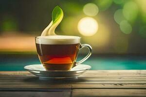 un taza de té con un hoja en cima. generado por ai foto