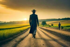 a man in a hat walks down a dirt road. AI-Generated photo