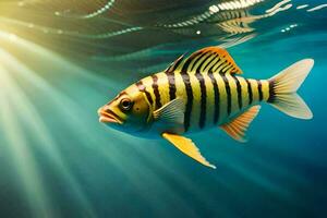 un pescado nadando en el Oceano con luz de sol brillante. generado por ai foto