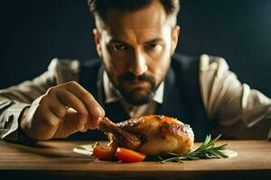 a man with a beard and tie is holding a chicken. AI-Generated photo