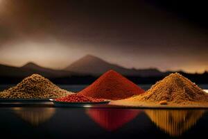 three different types of spices are shown on a table. AI-Generated photo