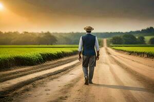 a man in a hat and vest walking down a dirt road. AI-Generated photo