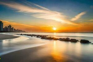 el Dom conjuntos terminado el Oceano y ciudad horizonte. generado por ai foto