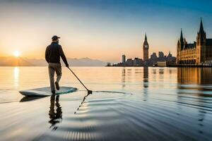 a man paddle boarding in the water with the big ben in the background. AI-Generated photo