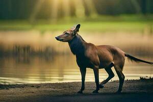 a deer stands in front of a lake. AI-Generated photo