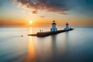 two white lighthouses are seen in the water at sunset. AI-Generated photo