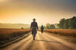 two men walking down a dirt road at sunset. AI-Generated photo