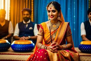 a beautiful indian bride sitting on a couch with her family. AI-Generated photo