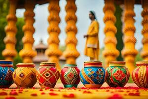 a group of colorful pots on a table. AI-Generated photo