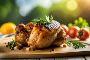 a chicken on a wooden cutting board with tomatoes and herbs. AI-Generated photo