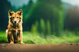 a dog sitting on the ground in front of a green forest. AI-Generated photo