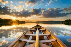 a canoe is floating on the calm waters of a lake at sunset. AI-Generated photo