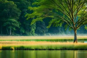 a lone tree stands in the middle of a field. AI-Generated photo