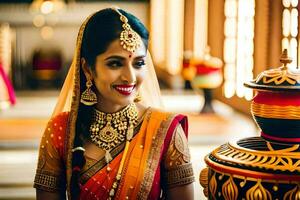 a beautiful indian bride smiling and posing for the camera. AI-Generated photo