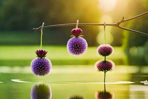 three purple flowers hanging from a branch in water. AI-Generated photo