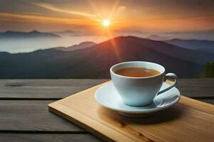 a cup of tea on a wooden table in front of a mountain view. AI-Generated photo