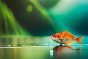 un pequeño pescado es en pie en el agua en frente de un verde antecedentes. generado por ai foto