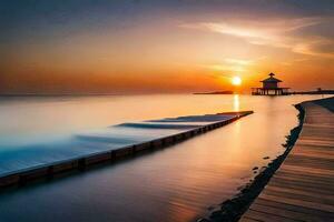 a pier with a gazebo at sunset. AI-Generated photo