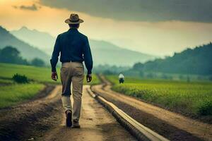 man walking on a dirt road in the countryside. AI-Generated photo