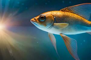 un pescado nadando en el agua con un brillante ligero. generado por ai foto