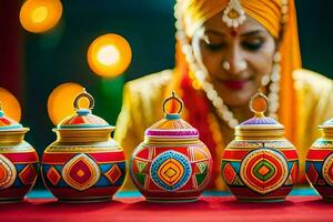 a woman in a traditional indian dress is holding colorful pots. AI-Generated photo