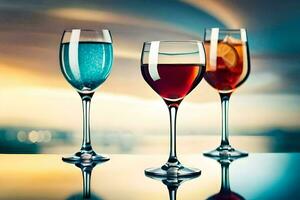 three glasses of wine on a table. AI-Generated photo