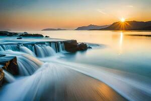 un cascada fluido terminado rocas a puesta de sol. generado por ai foto