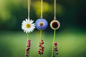 three flowers hanging from strings with green grass. AI-Generated photo