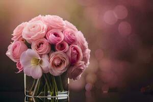 pink roses in a vase on a table. AI-Generated photo