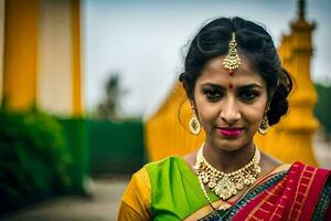 a beautiful indian woman in a colorful sari. AI-Generated photo