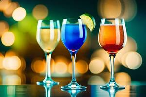 three glasses of colored drinks on a table. AI-Generated photo