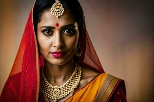 un hermosa indio mujer vistiendo un rojo sari. generado por ai foto