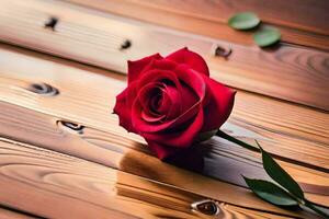 un soltero rojo Rosa tendido en un de madera mesa. generado por ai foto