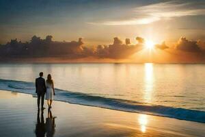 a couple walks along the beach at sunset. AI-Generated photo