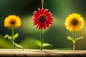 three red and yellow flowers on a wooden table. AI-Generated photo