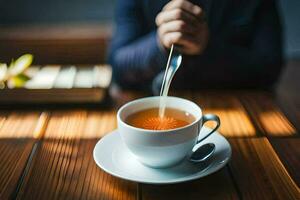 un persona es participación un cuchara terminado un taza de té. generado por ai foto