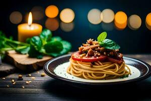 spaghetti with tomato and basil on a plate. AI-Generated photo