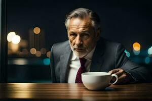 an older man in a suit and tie sitting at a table with a cup of coffee. AI-Generated photo