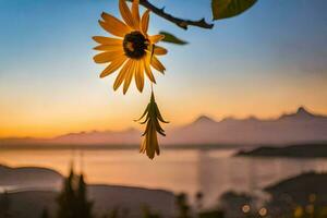 sunflower hanging from a branch at sunset with mountains in the background. AI-Generated photo