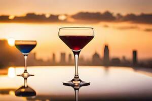 two glasses of wine on a table with a city skyline in the background. AI-Generated photo