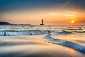 a lighthouse stands in the middle of the ocean at sunset. AI-Generated photo