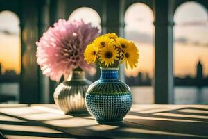 two vases with flowers sitting on a table in front of a cityscape. AI-Generated photo