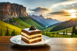 a slice of cake on a plate in the mountains. AI-Generated photo